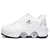 White futuristic sneaker with side perforations and built-in roller skate wheels, chunky sole