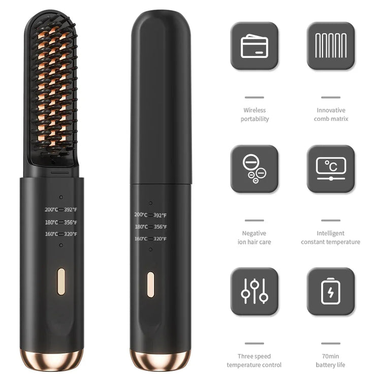 Black wireless hair straightening brush with gold accents, adjustable heat settings, and temperature display.