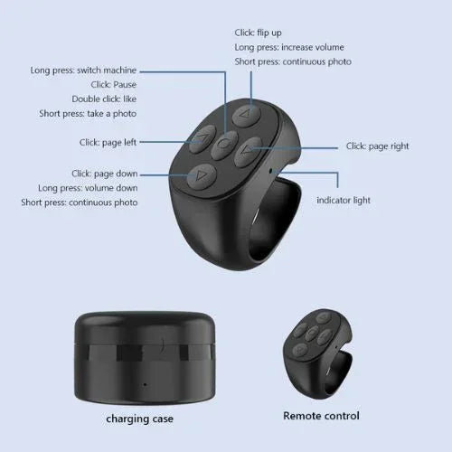 Black wireless remote control ring with multifunction buttons and charging case on a light background.
