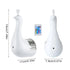 White modern peacock-shaped lamp with remote control, LED light, and size dimensions shown.