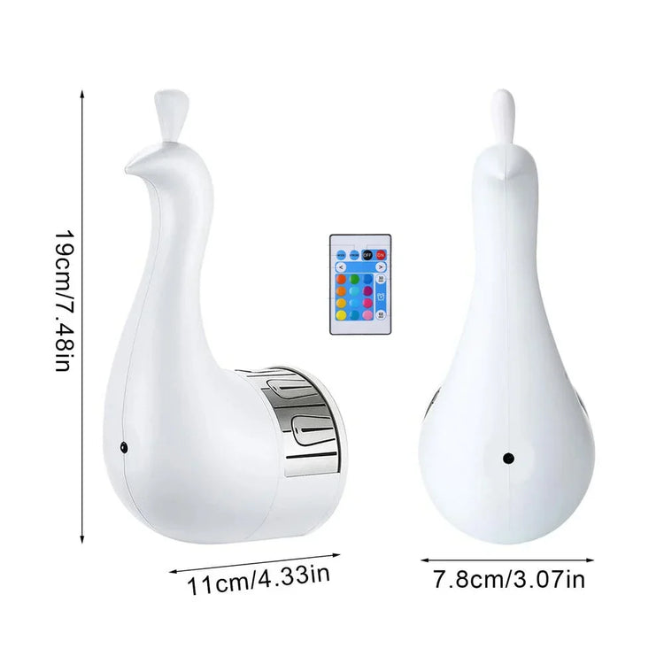 White modern peacock-shaped lamp with remote control, LED light, and size dimensions shown.