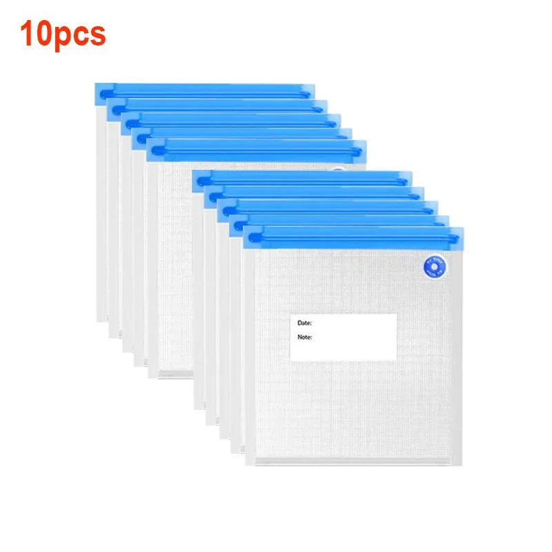 Set of 10 transparent mesh storage bags with blue zipper closure and label window