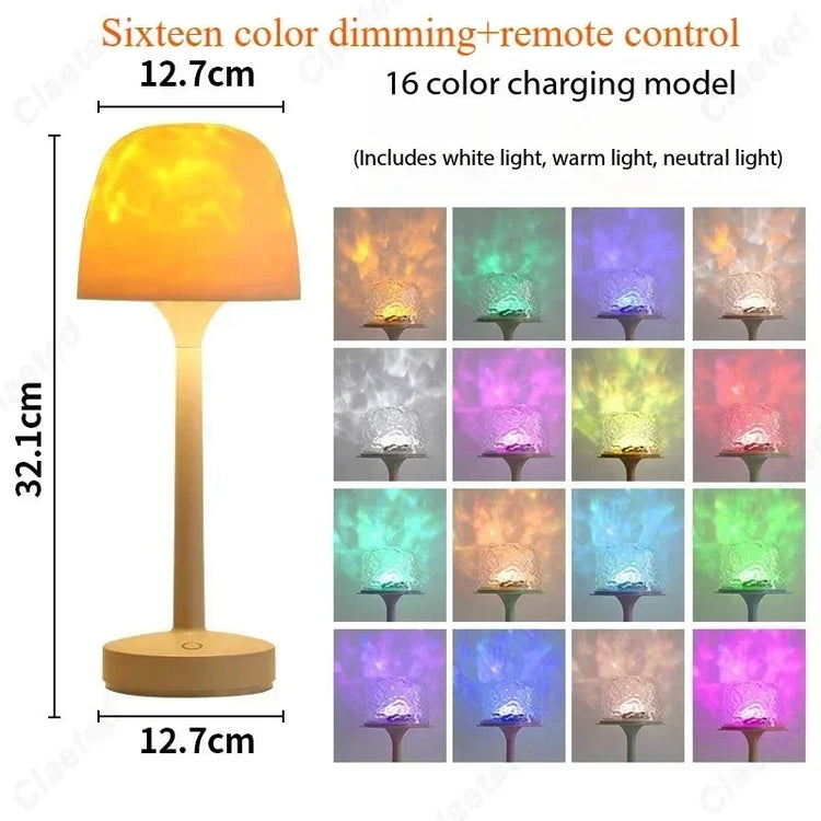 Modern table lamp with 16 color dimming, remote control, compact size, acrylic shade.