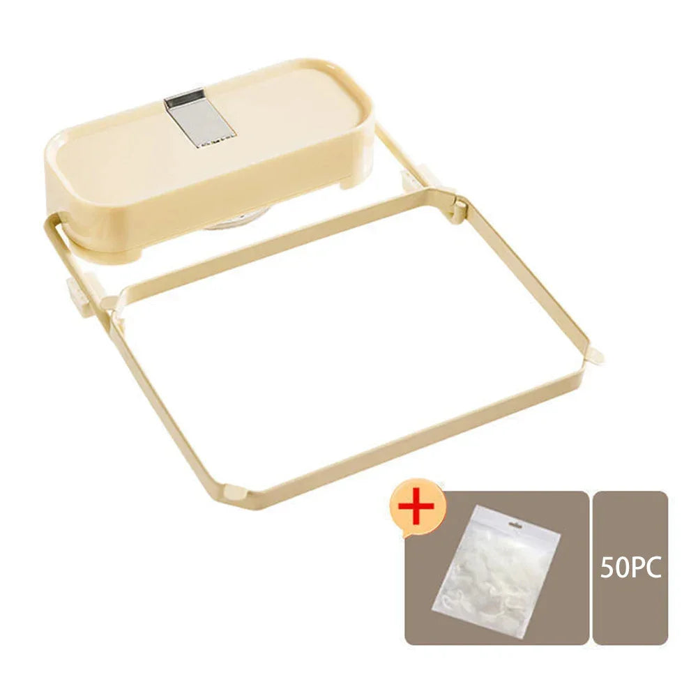 Beige plastic bag holder with a clip-on lid and pack of 50 transparent bags included