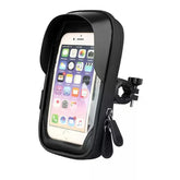 Black waterproof bike phone mount case with sun visor and zipper closure, adjustable clamp fit.