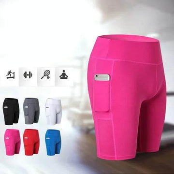 High-waisted pink biker shorts with phone pocket, stretchy athletic material, slim fit, shown in multiple colors.