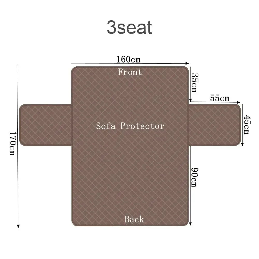 Brown quilted 3-seat sofa protector, rectangular shape with side flaps, dimensions labeled in cm