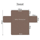 Brown quilted 3-seat sofa protector, rectangular shape with side flaps, dimensions labeled in cm