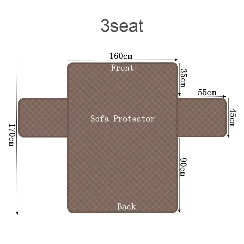 Brown quilted 3-seat sofa protector, rectangular shape with side flaps, dimensions labeled in cm