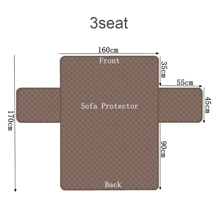 Brown quilted 3-seat sofa protector, rectangular shape with side flaps, dimensions labeled in cm