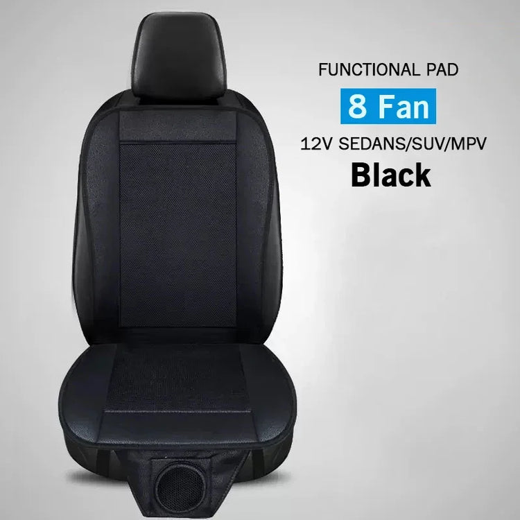 Black breathable car seat cover with 8 fan cooling pads, suitable for 12V sedans, SUVs, and MPVs.