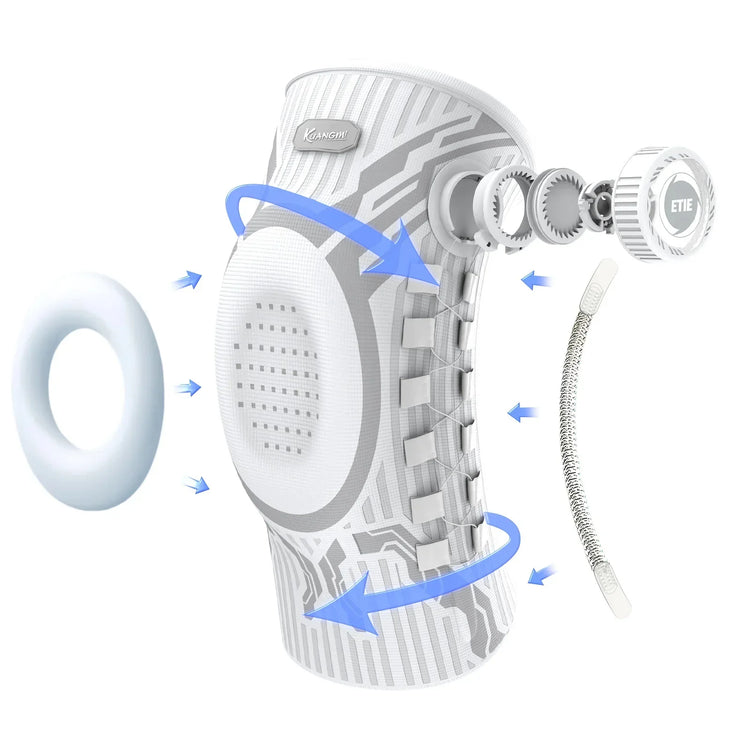 Futuristic white and gray knee brace with adjustable straps, breathable mesh, ergonomic fit, technical elements