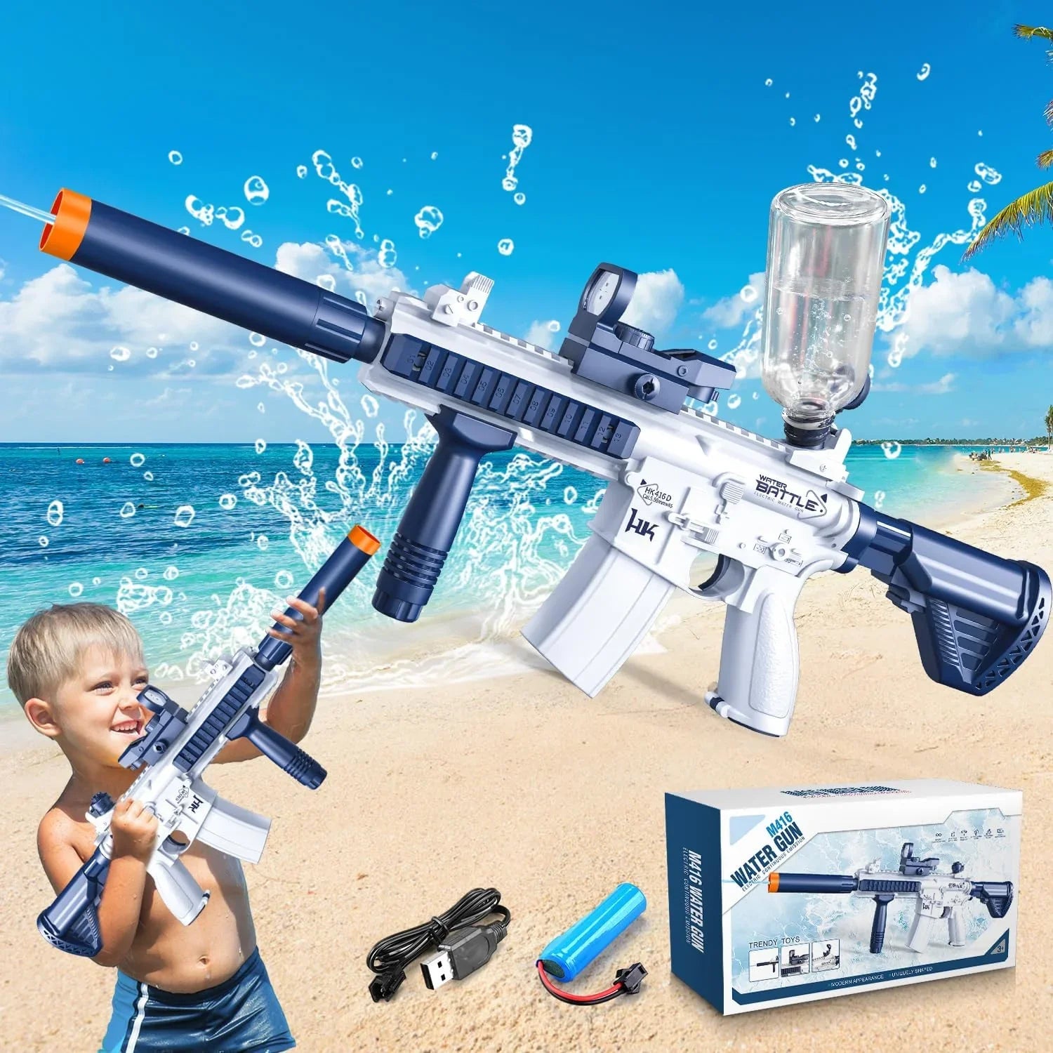 Electric white and navy blue water gun toy with transparent water tank, boy playing on beach, accessories included