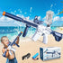 Electric white and navy blue water gun toy with transparent water tank, boy playing on beach, accessories included