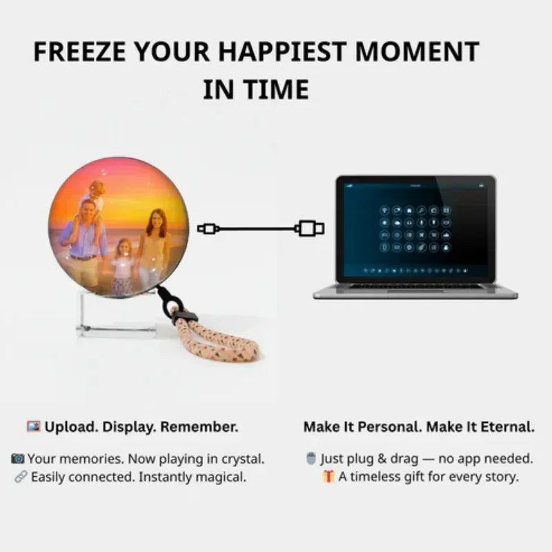 Crystal photo display accessory with strap shown connected to laptop, customizable memory gift