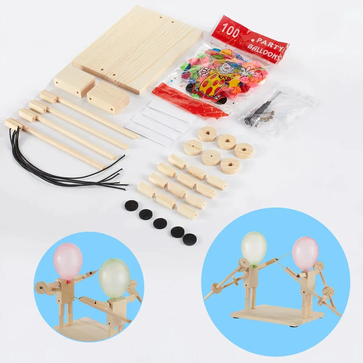 DIY wooden robot kit with natural wood pieces, party balloons, and assembly parts for building mechanical models.