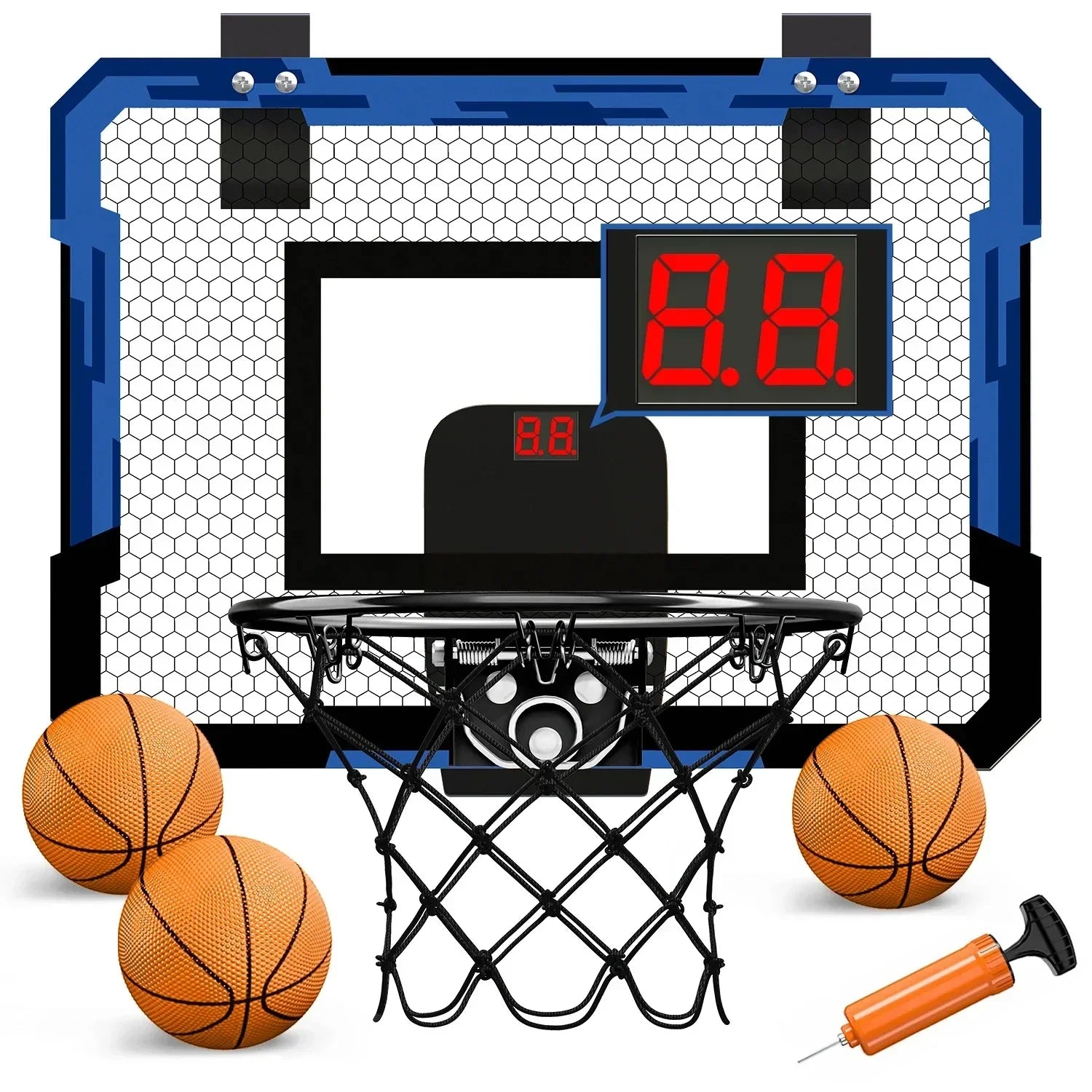 Mini indoor basketball hoop set with blue frame, digital scoreboard, three orange balls, and pump