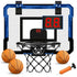 Mini indoor basketball hoop set with blue frame, digital scoreboard, three orange balls, and pump