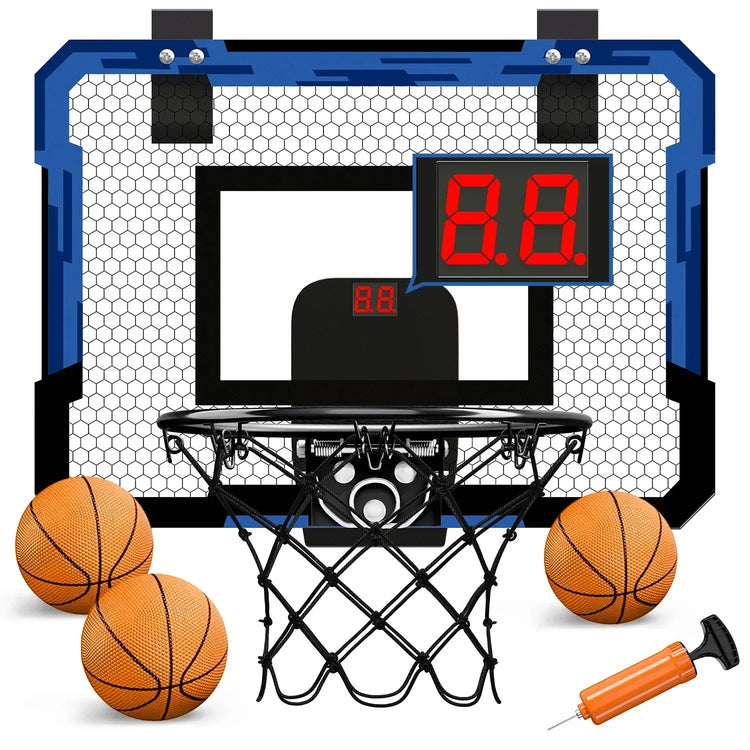 Mini indoor basketball hoop set with blue frame, digital scoreboard, three orange balls, and pump