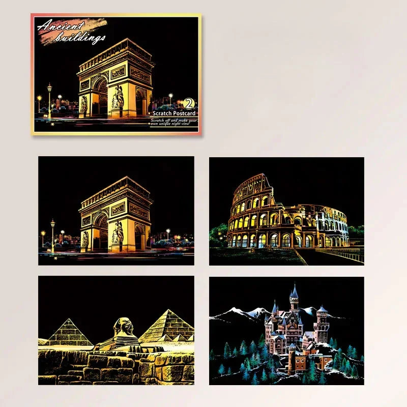 Set of scratch postcards featuring colorful illustrations of famous ancient buildings including the Arc de Triomphe, Colosseum, Great Sphinx and pyramids, and a classic castle, all on a black background.
