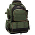 Olive green and black utility backpack with multiple zippered pockets and sturdy fabric