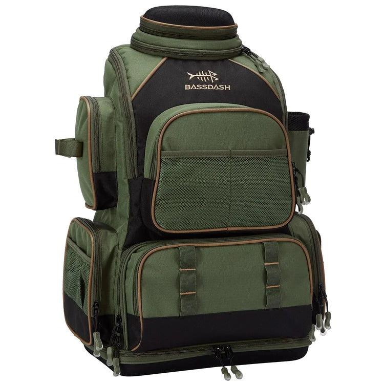 Olive green and black utility backpack with multiple zippered pockets and sturdy fabric