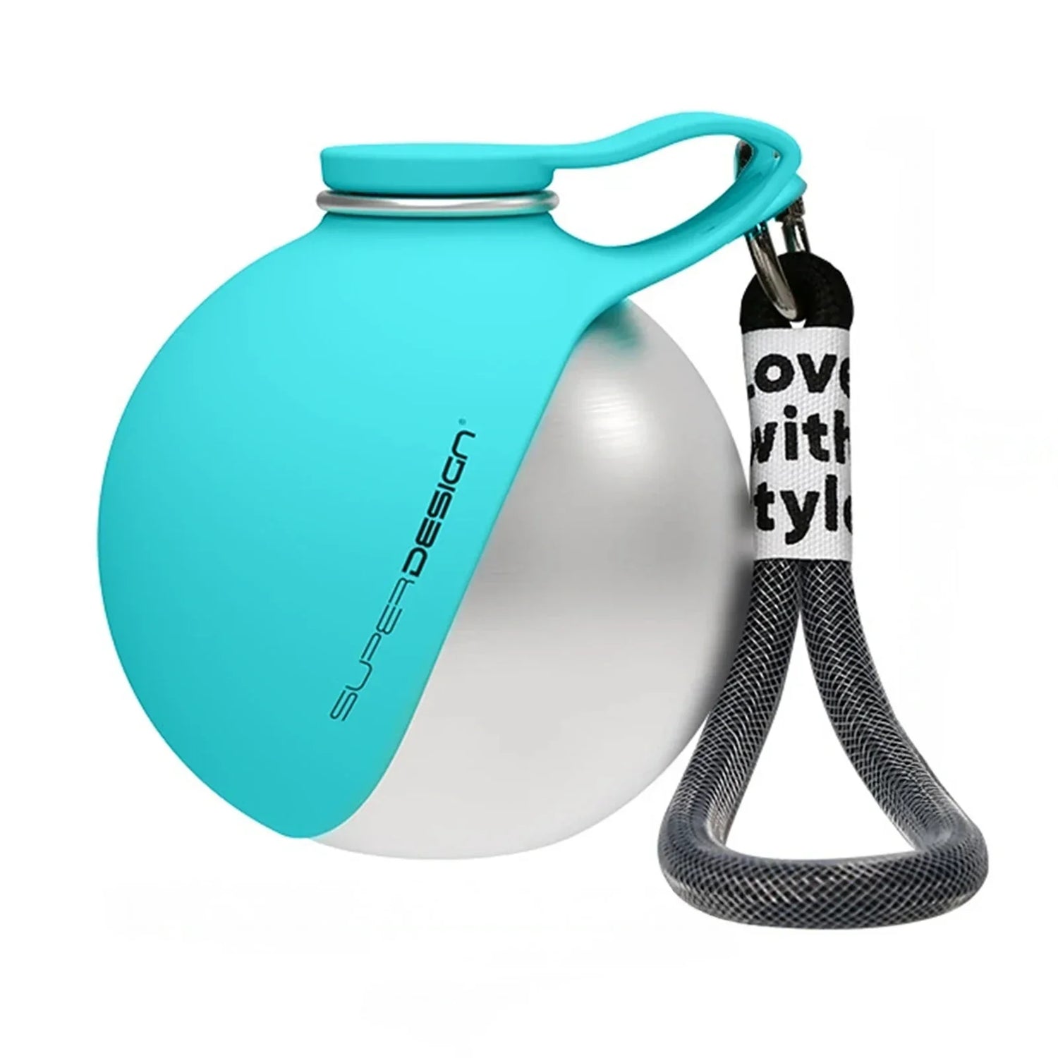 Round silver water bottle with turquoise silicone cover and black textured carrying strap