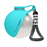 Round silver water bottle with turquoise silicone cover and black textured carrying strap