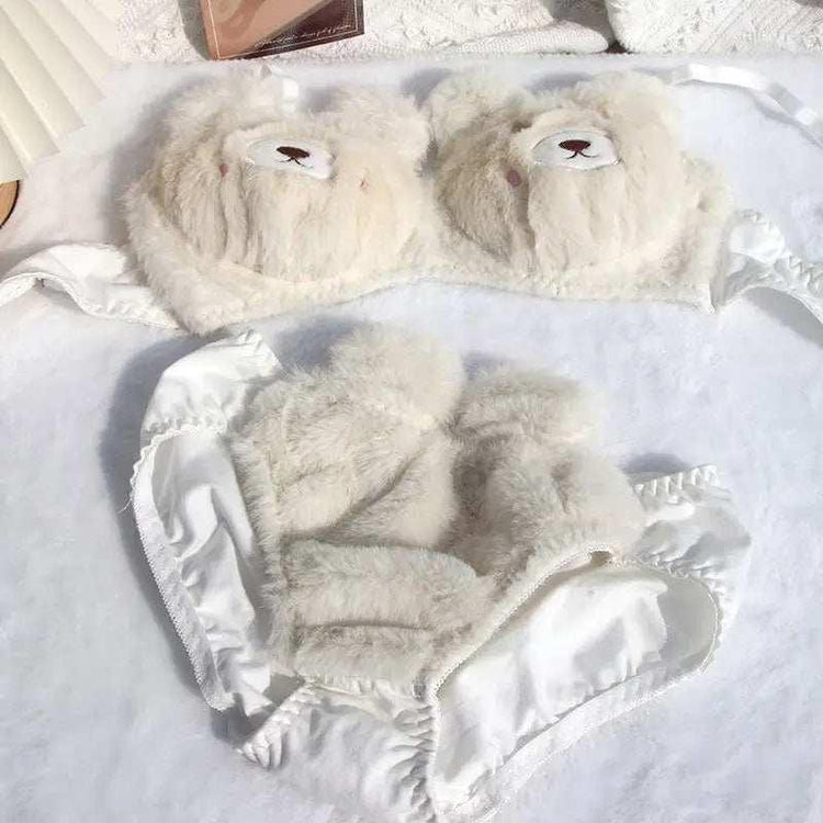 White faux fur teddy bear lingerie set with plush detailing, soft and playful design