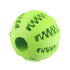 Green rubber ball with grooves and teeth pattern, textured chew toy material.