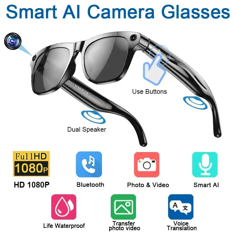 Black smart camera sunglasses with mirrored lenses, HD 1080p video, Bluetooth, and dual speakers.