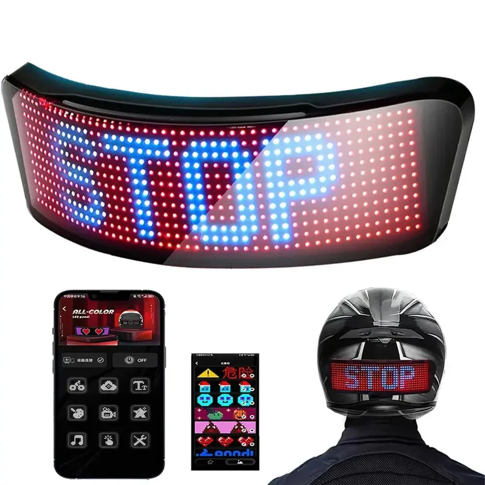 LED light panel on motorcycle helmet displaying STOP in blue and red, tech accessory for helmets