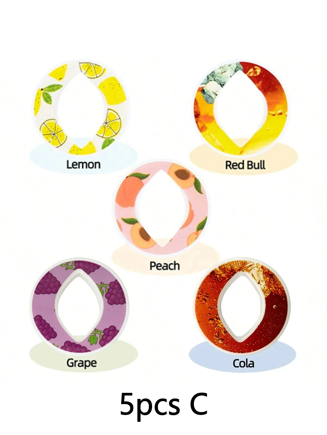 Set of five round silicone rings with fruit and drink designs in lemon, peach, grape, cola, and Red Bull patterns.