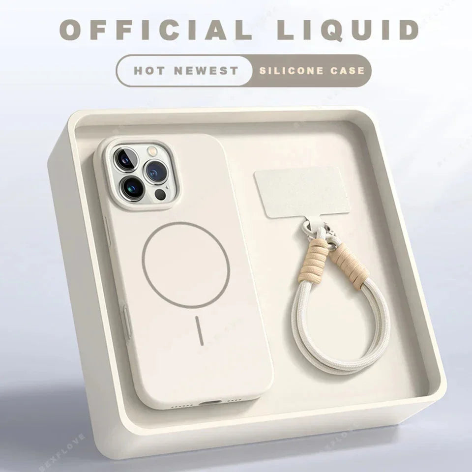 Beige silicone phone case with matching wrist strap in sleek minimalist gift box