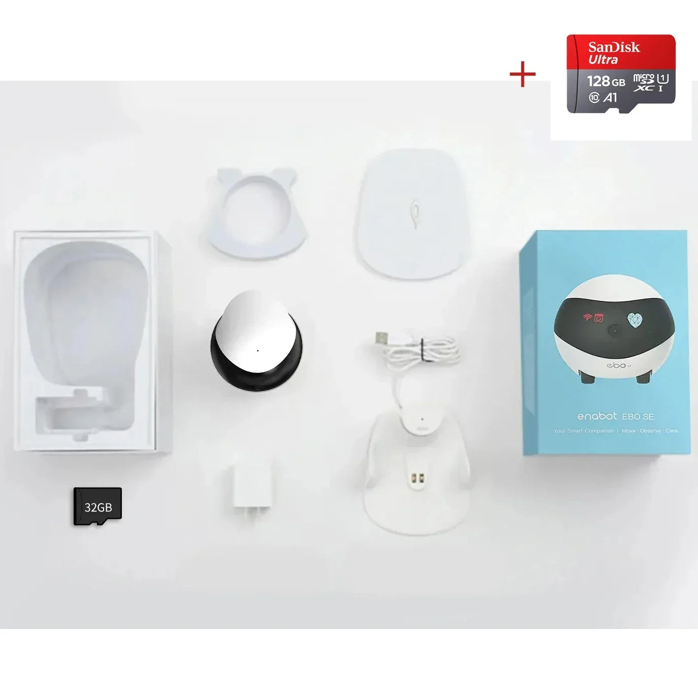 Futuristic tech gadget set with white and black components, charging base, USB cable, and microSD cards, on white background.