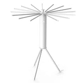 White collapsible tripod drying rack with multiple adjustable arms, metal construction