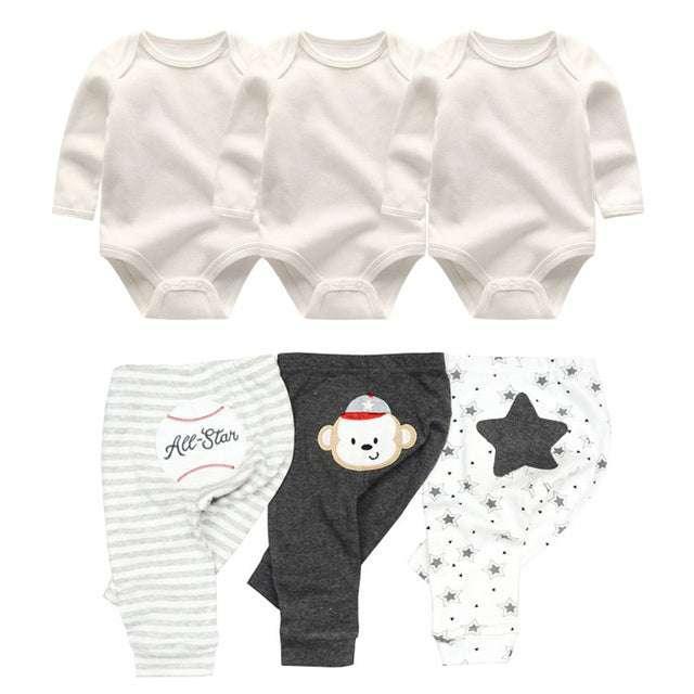 Set of three white long-sleeve baby bodysuits and three patterned cotton pants with fun prints