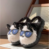 Black and white plush slippers with cat ears and blue sunglasses, fuzzy material, cozy fit