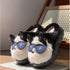 Black and white plush slippers with cat ears and blue sunglasses, fuzzy material, cozy fit