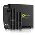 Black beard growth kit with serum, sanitizer, beard roller, and comb on white background