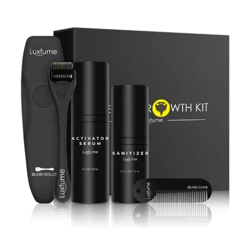 Black beard growth kit with serum, sanitizer, beard roller, and comb on white background