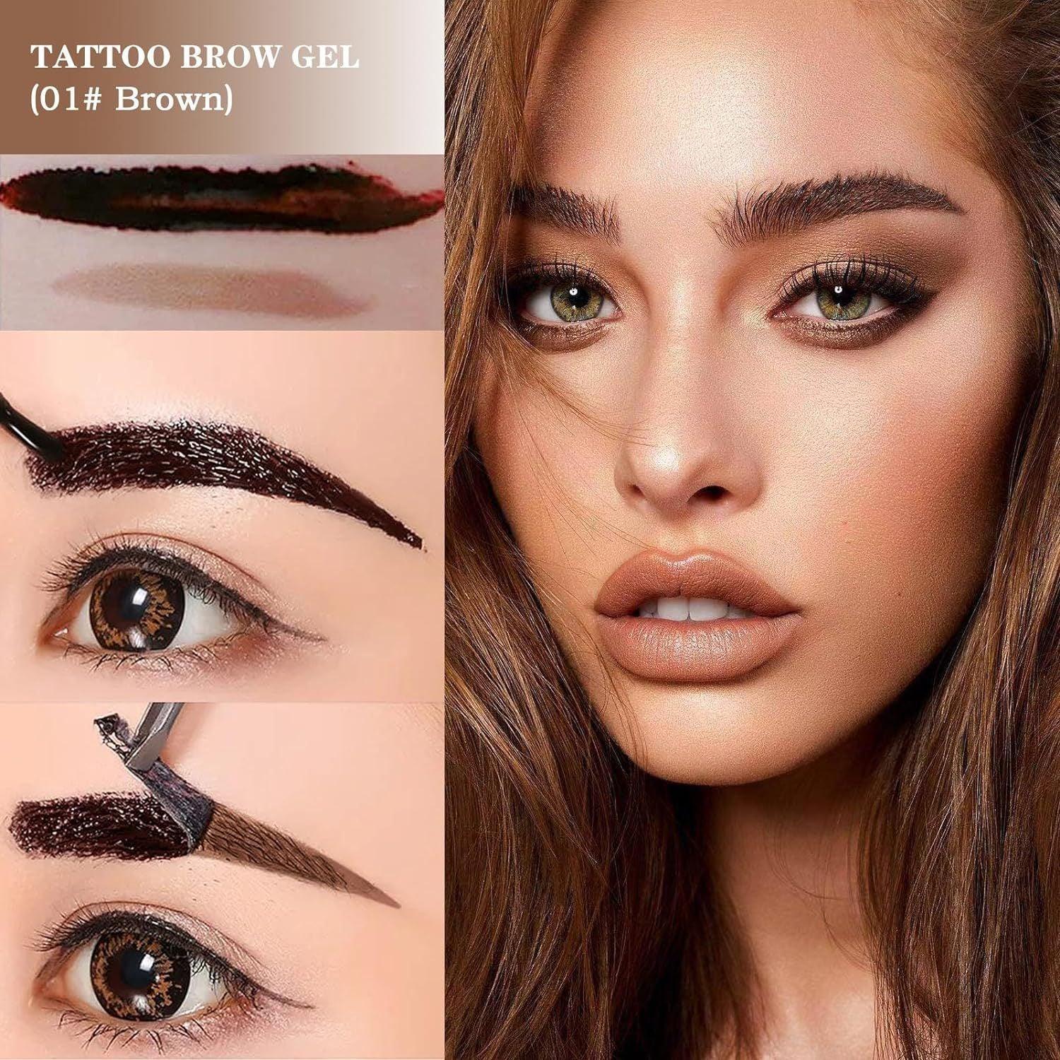 Close-up of woman with defined brown eyebrows, makeup, and application steps for brow gel.