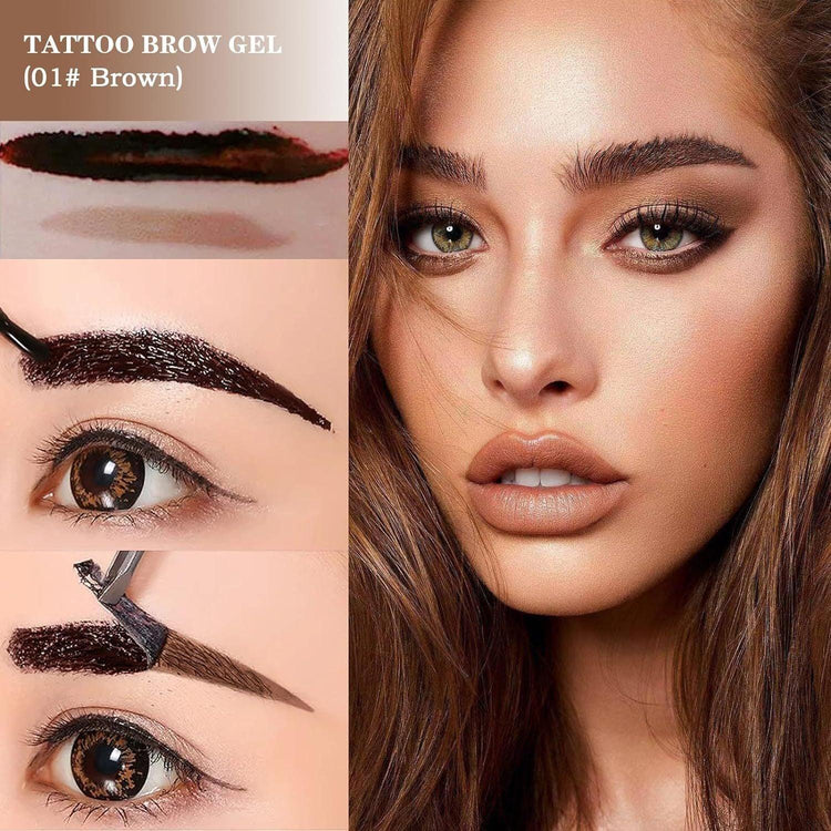 Close-up of woman with defined brown eyebrows, makeup, and application steps for brow gel.