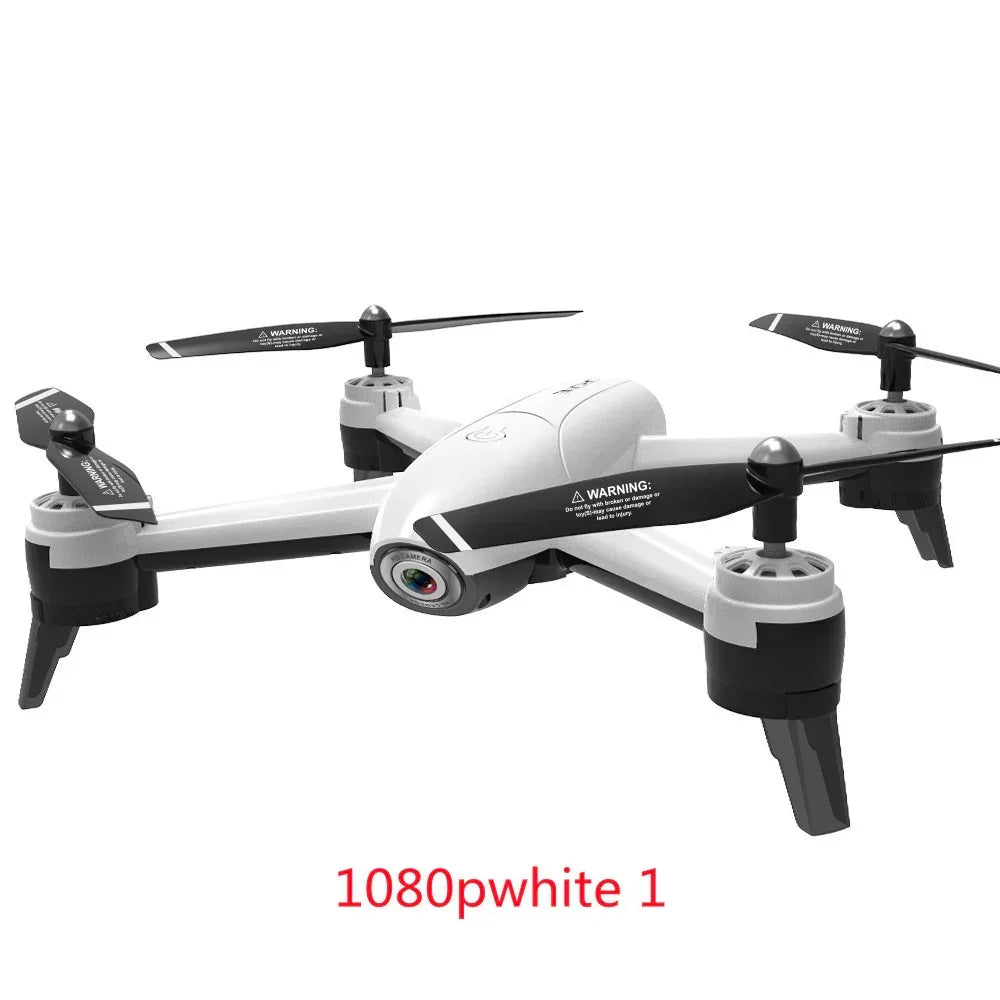 Sleek white quadcopter drone with black propellers and built-in 1080p camera.