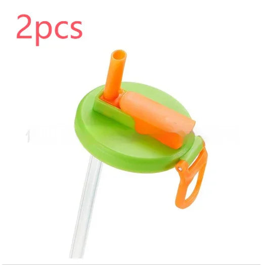 Green and orange plastic bottle lid with straw and flip cap, 2 piece set