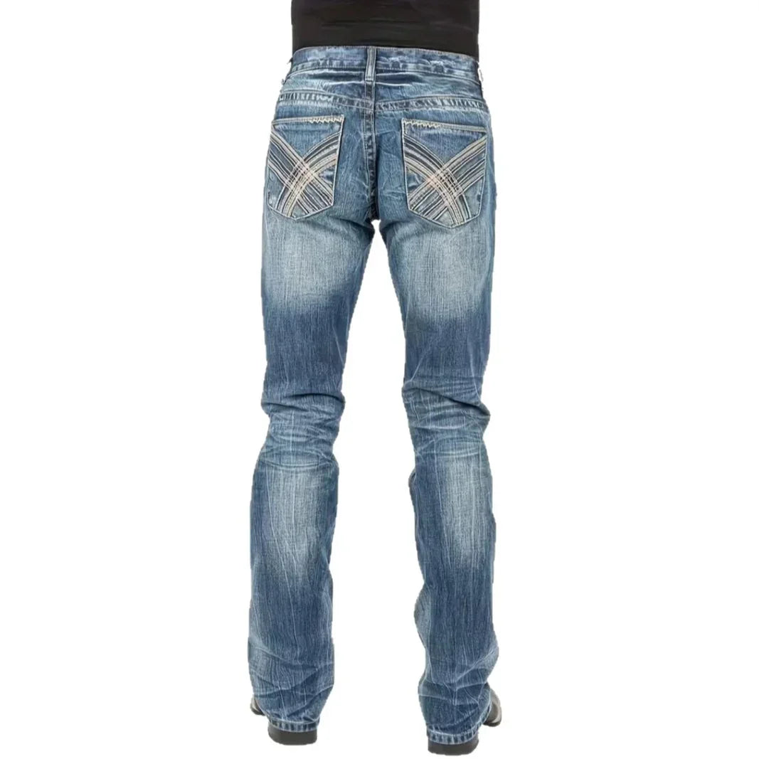 Men's blue straight-leg jeans with faded wash and embroidered back pockets