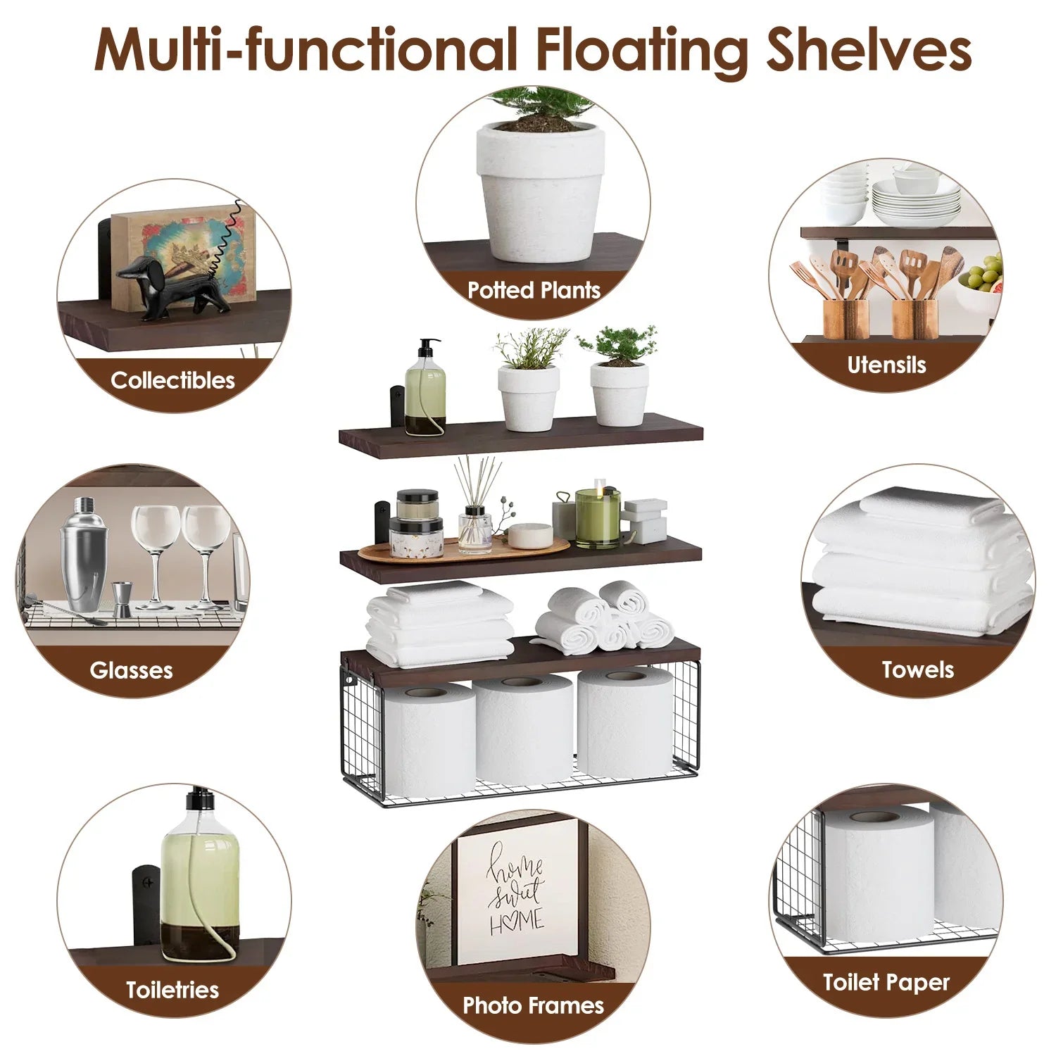 Multipurpose floating shelves in dark wood displaying towels, potted plants, toiletries, utensils, glasses, collectibles, photo frames, and toilet paper.