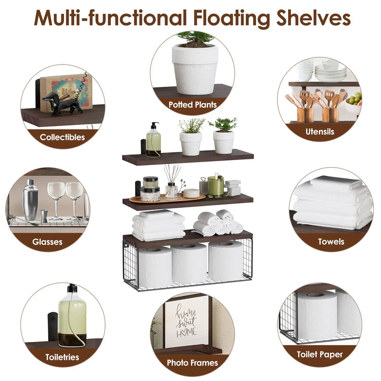 Multipurpose floating shelves in dark wood displaying towels, potted plants, toiletries, utensils, glasses, collectibles, photo frames, and toilet paper.