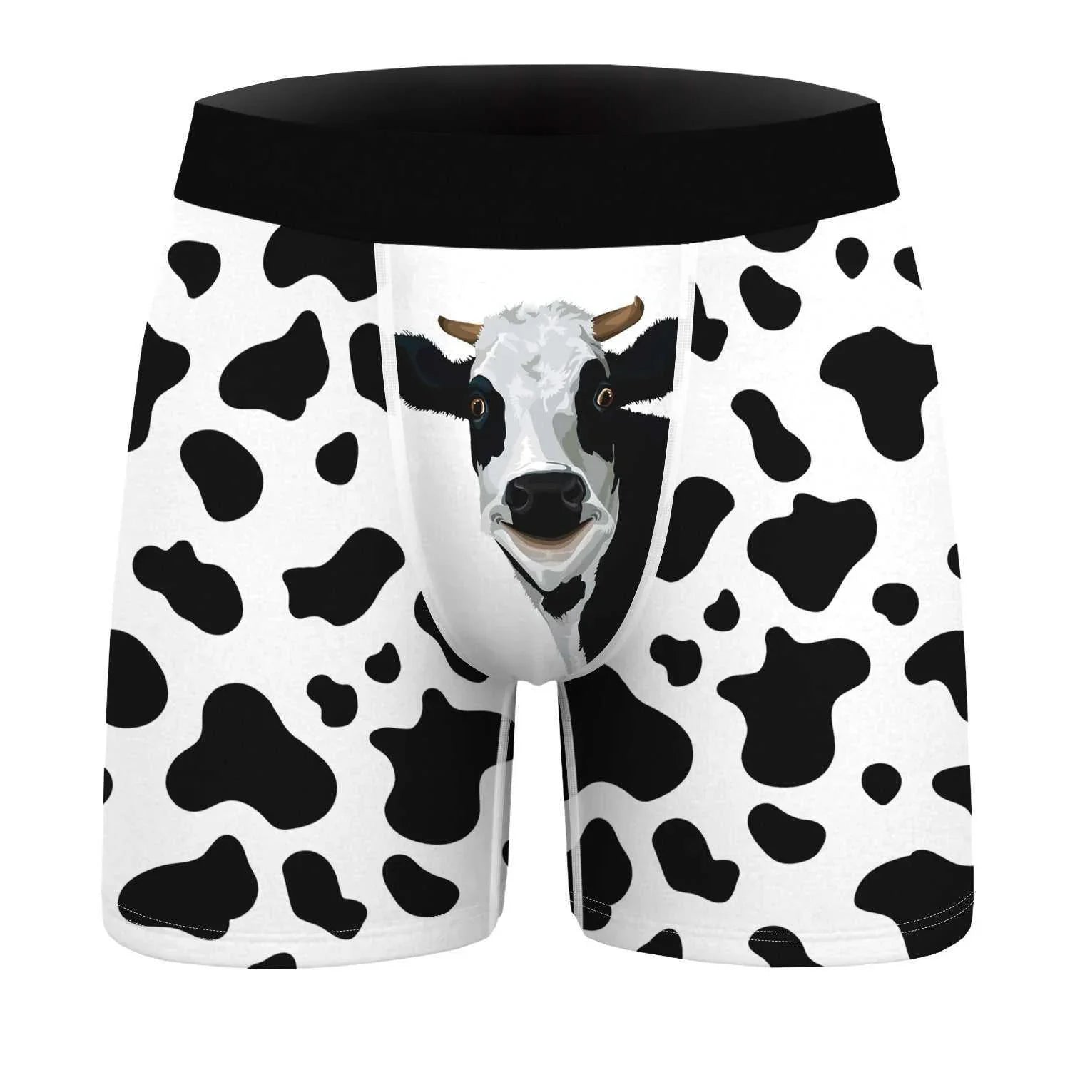Men's boxer briefs with black and white cow print and a cartoon cow face on the front pouch