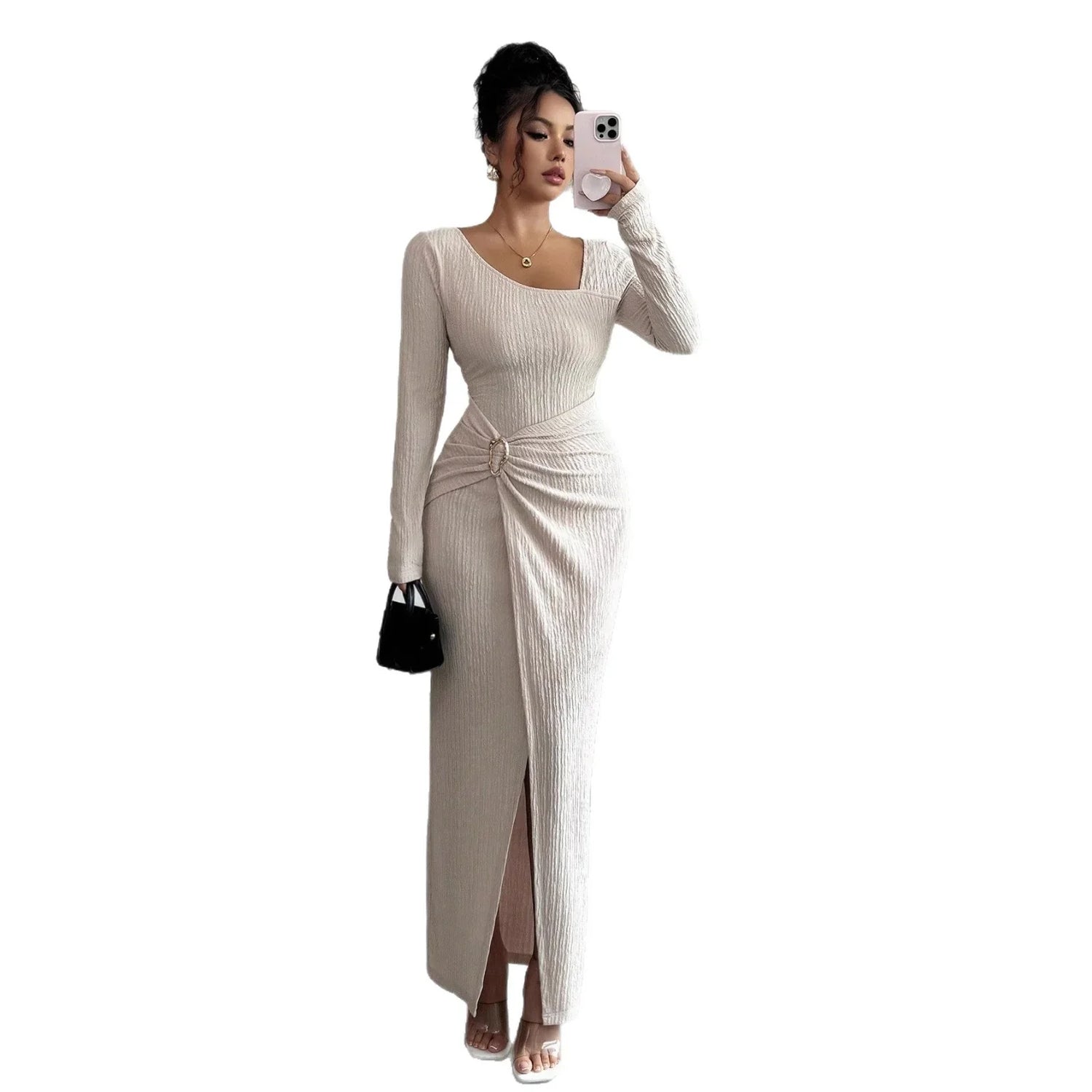 Beige ribbed knit long-sleeve maxi dress with side slit and bodycon fit, minimalist style